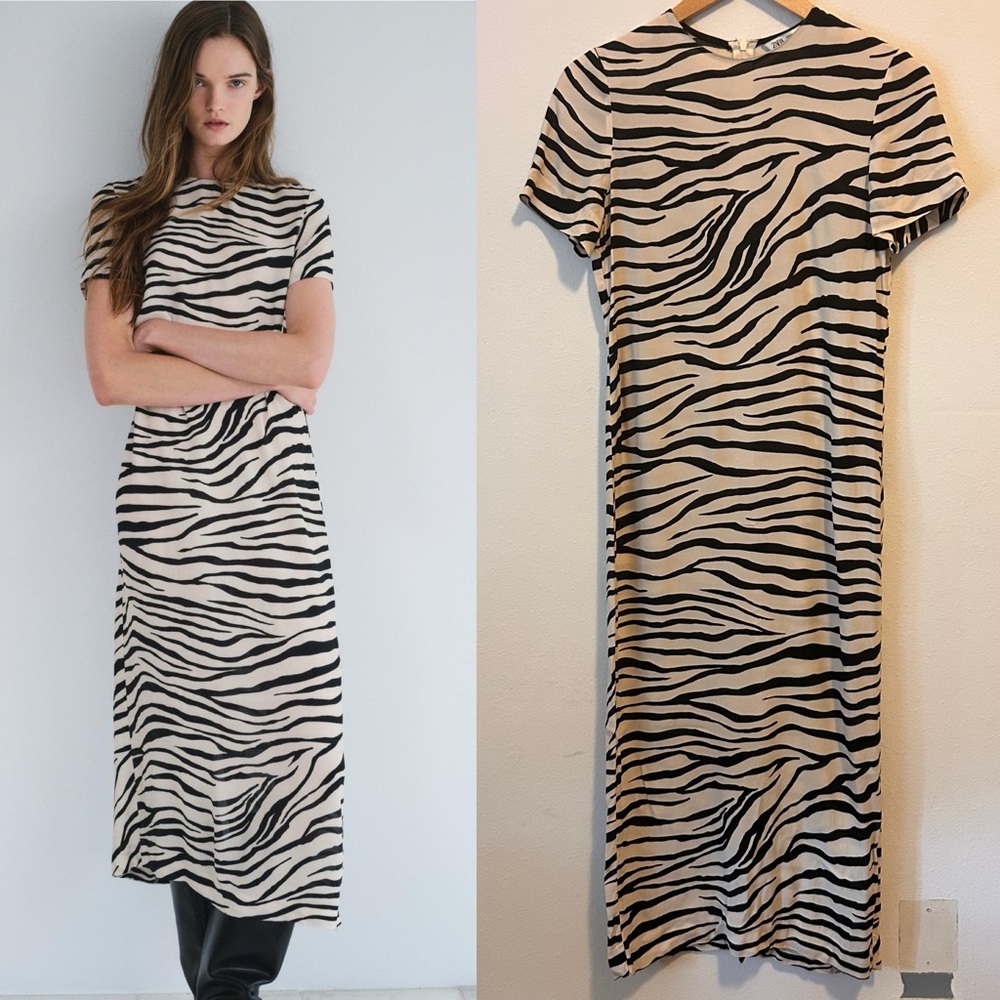 Zara XSmall Women’s Black Zebra Print Crewneck Zipper Midi Dress